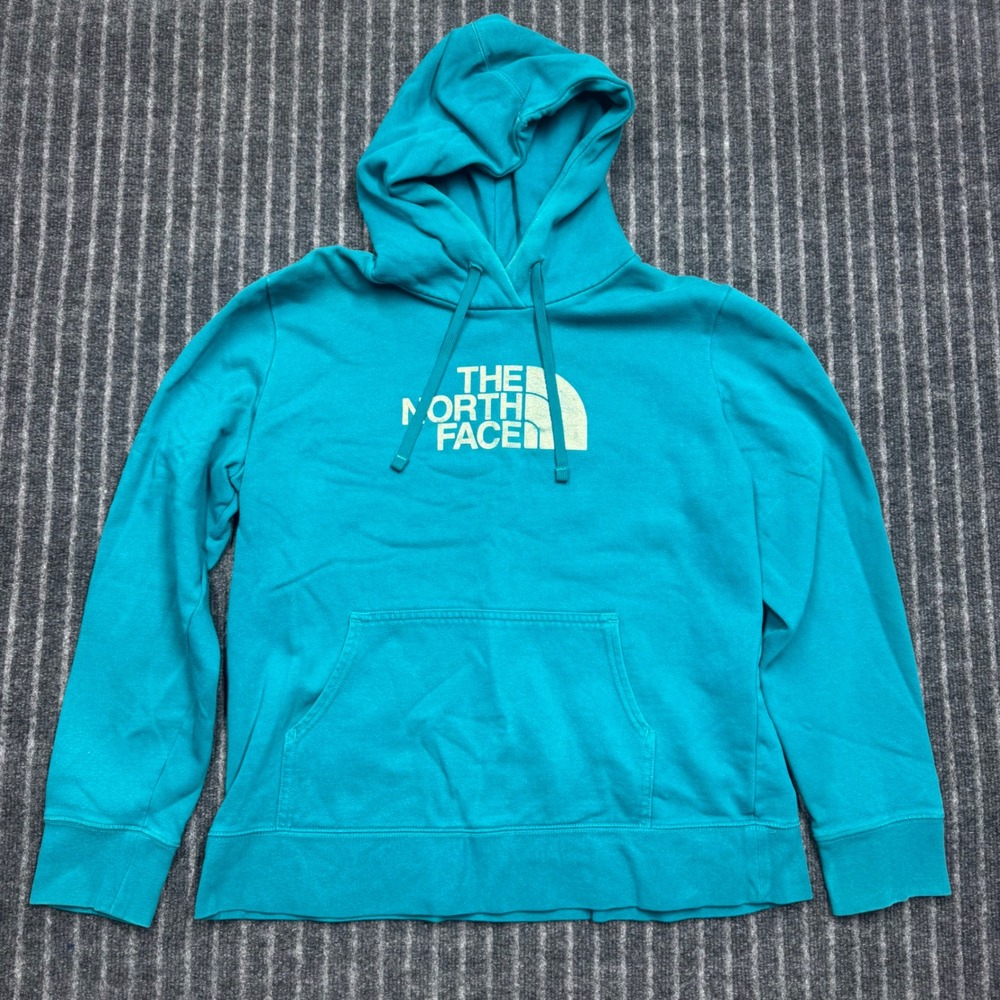 The North Face Womens Hoodie XL Teal Blue Graphic Logo Pullover Sweatshirt